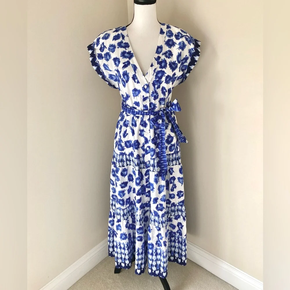 NWT Abercrombie & Fitch Blue & White Tiered Tie Maxi Dress Size S